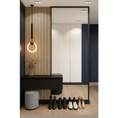 Lustro VERTICA LED – nowoczesne lustro z ramą i wycięciem na szafkę | lustro loftowe z podświetleniem | lustro do przedpokoju lub sypialni